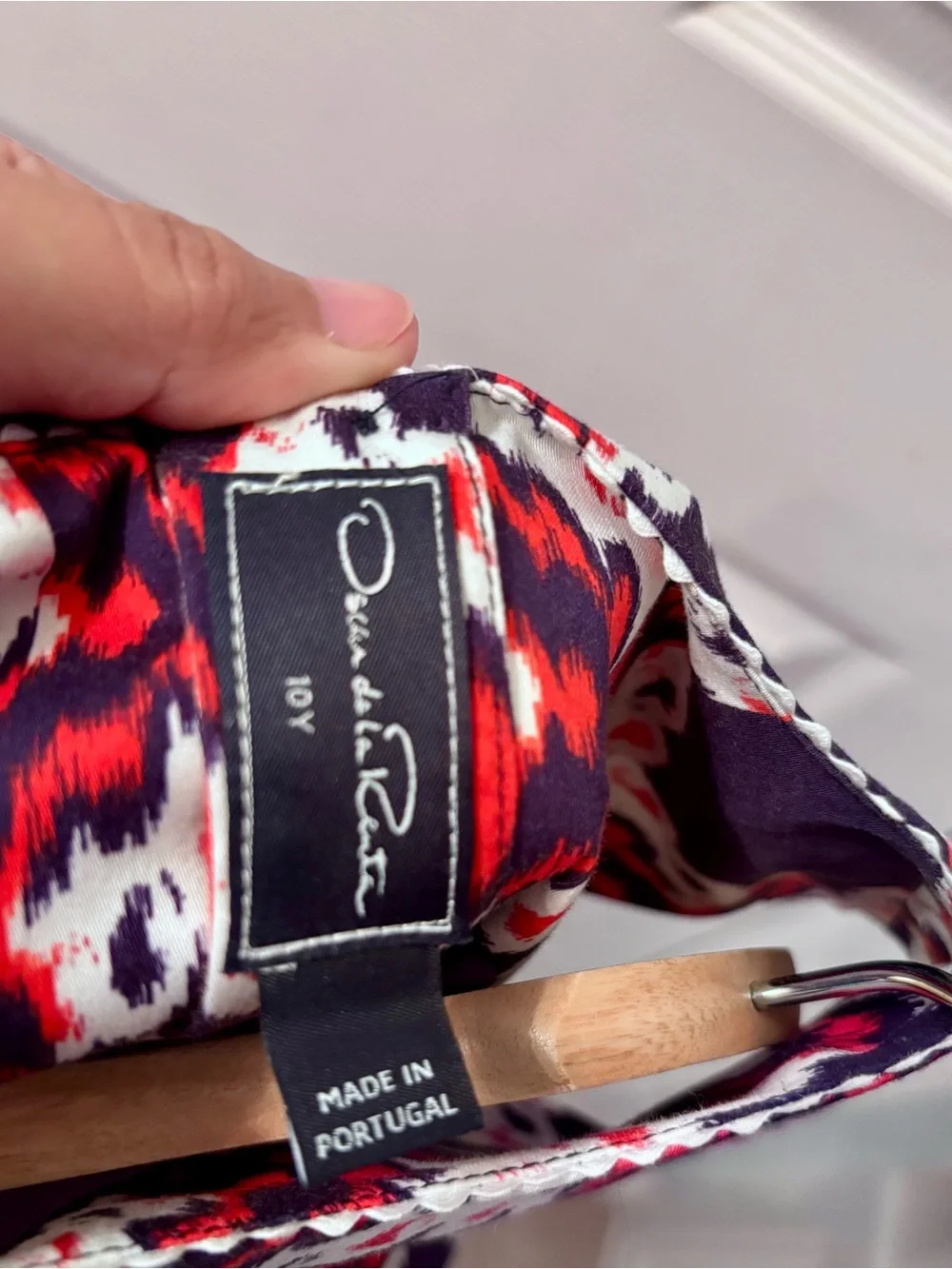 Oscar de la Renta Navy Dress with Red, White & Pink Ikat Motif